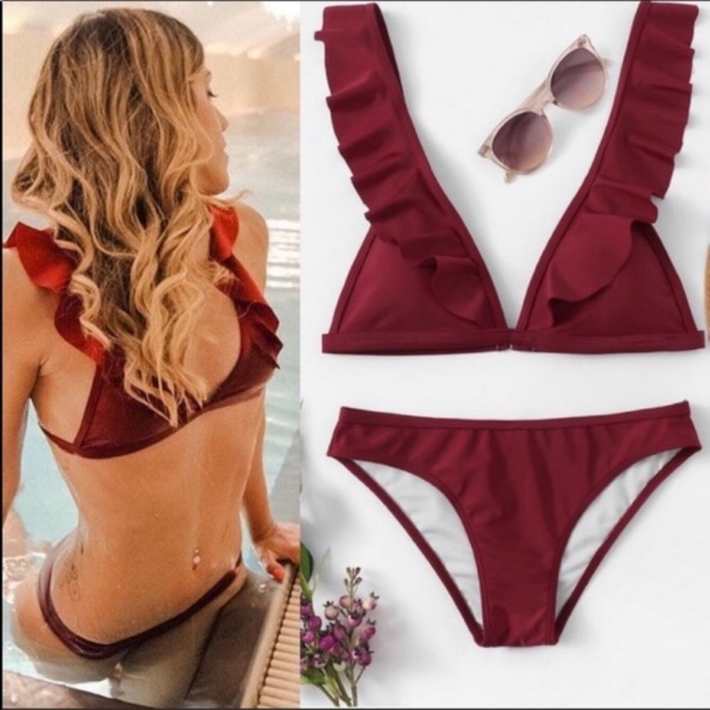 Red Deep-V Ruffled Triangle-Cup, Low Rise Bikinis - Picture 2 of 8